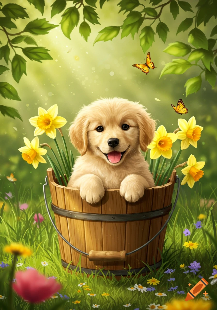 A fluffy golden retriever puppy smiles happily in a wooden bucket surrounded by yellow daffodils, wildflowers, and butterflies in a sunny field.