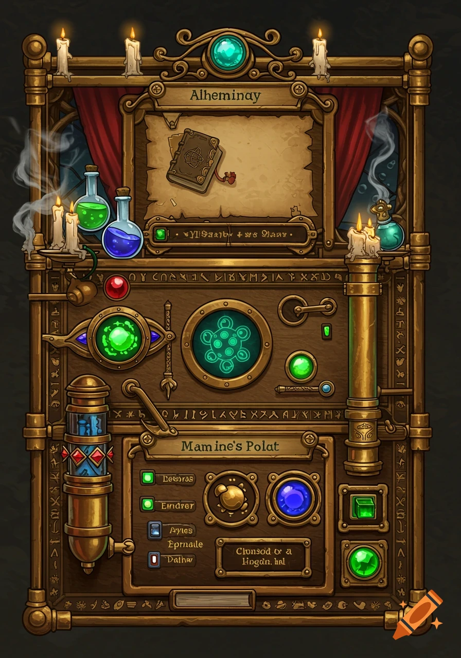 An intricate fantasy alchemy game UI with brass frames, glowing gems, beakers, an old book, and candles, in a detailed art style.