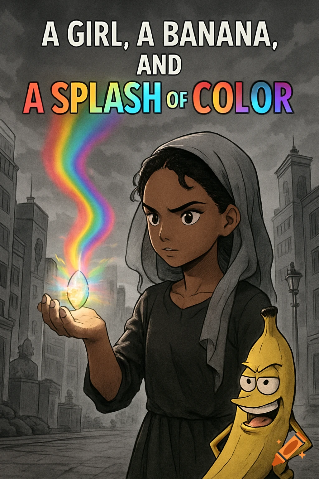 Manhwa-style dark-skinned girl in gray dress holds a glowing rainbow crystal, beside a grinning cartoon banana in a grayscale city.