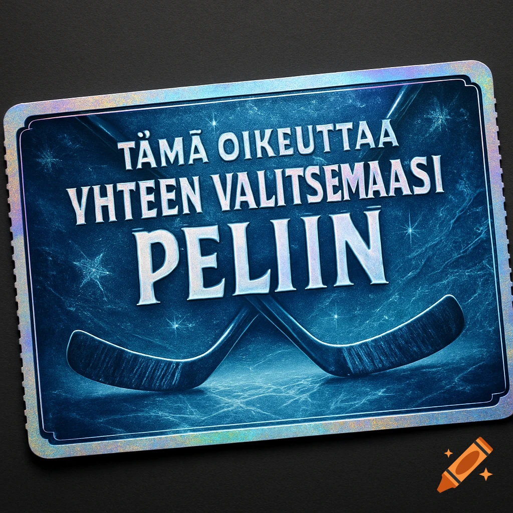 A stylized blue hockey game ticket with two crossed hockey sticks, text, and an icy background.