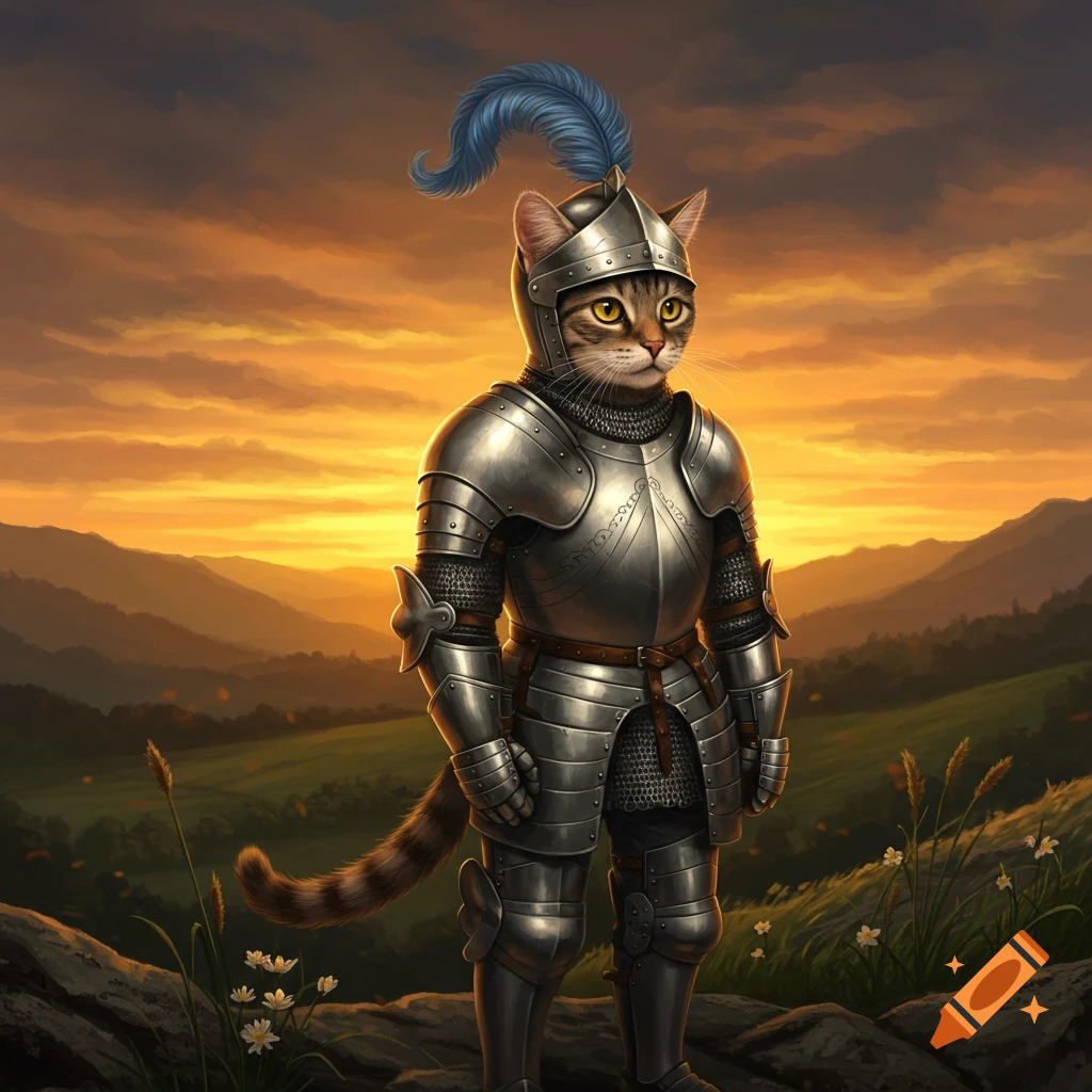 A majestic cat in a shining suit of knight's armor with a blue feather plume, standing on a hill at sunset.