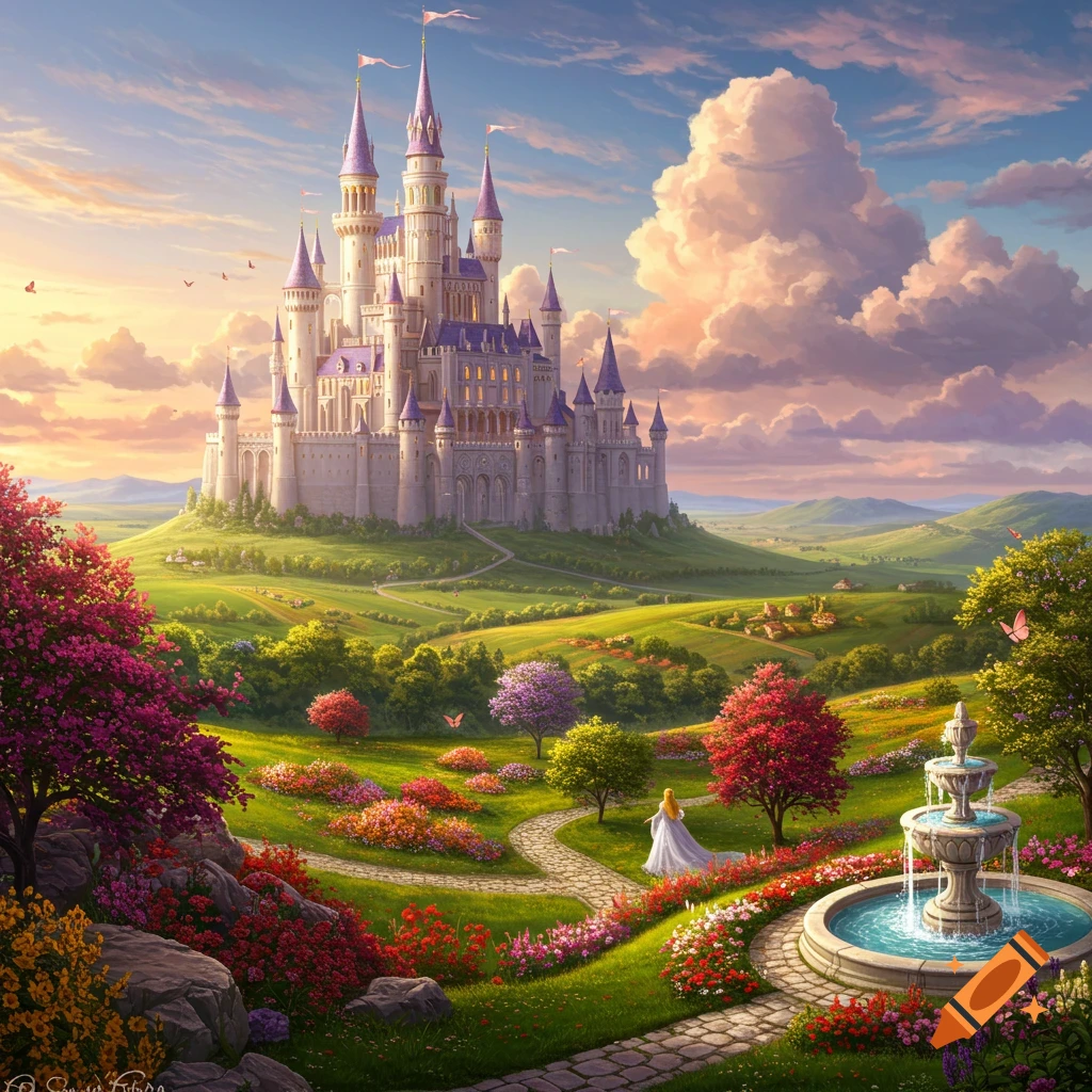 A vibrant fantasy landscape featuring a grand white and purple castle ...