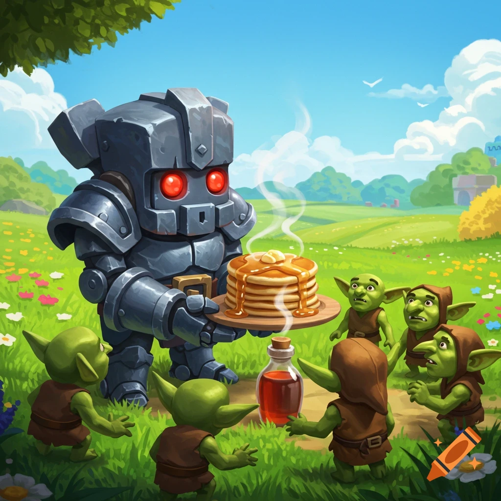 A Mini Pekka robot serves a stack of pancakes with butter and syrup to a group of goblins in a vibrant green field.