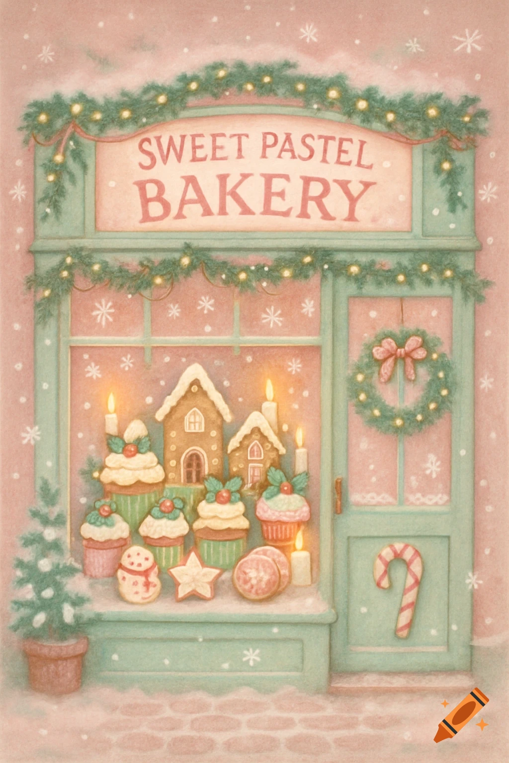 A pastel Christmas bakery illustration with gingerbread houses, cupcakes, garlands, and falling snow.