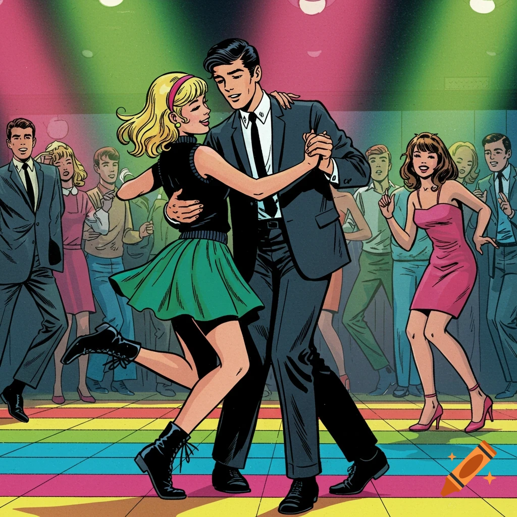 Comic book illustration of a young couple dancing on a colorful dancefloor in 1960s attire, surrounded by other party-goers.