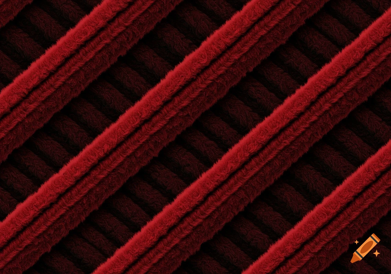 Diagonal fluffy red stripes over a dark, textured knit background.