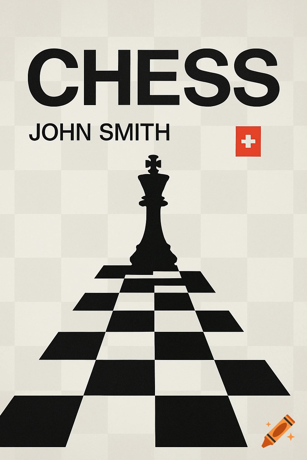 Swiss style chess book cover with a black king on a checkered board. Title 'CHESS', author 'JOHN SMITH', and a small Swiss flag.