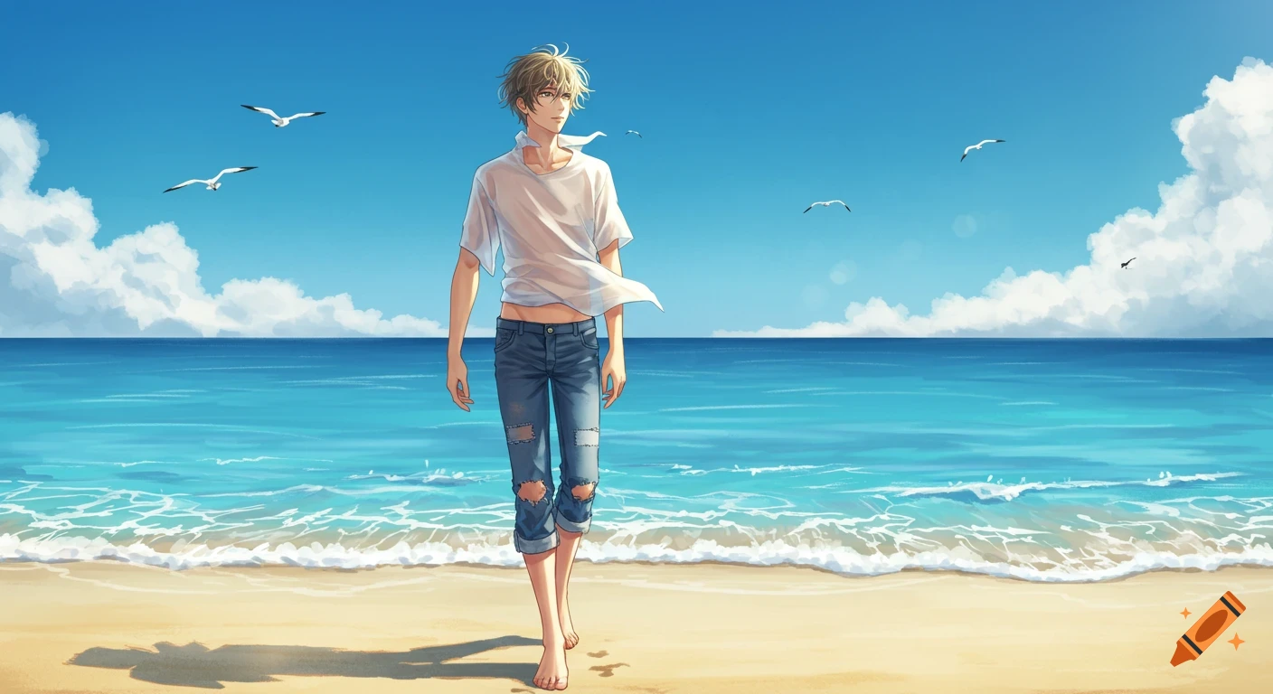 Anime man with short brown hair walking barefoot on a sandy beach by the clear blue ocean under a bright sky with seagulls.