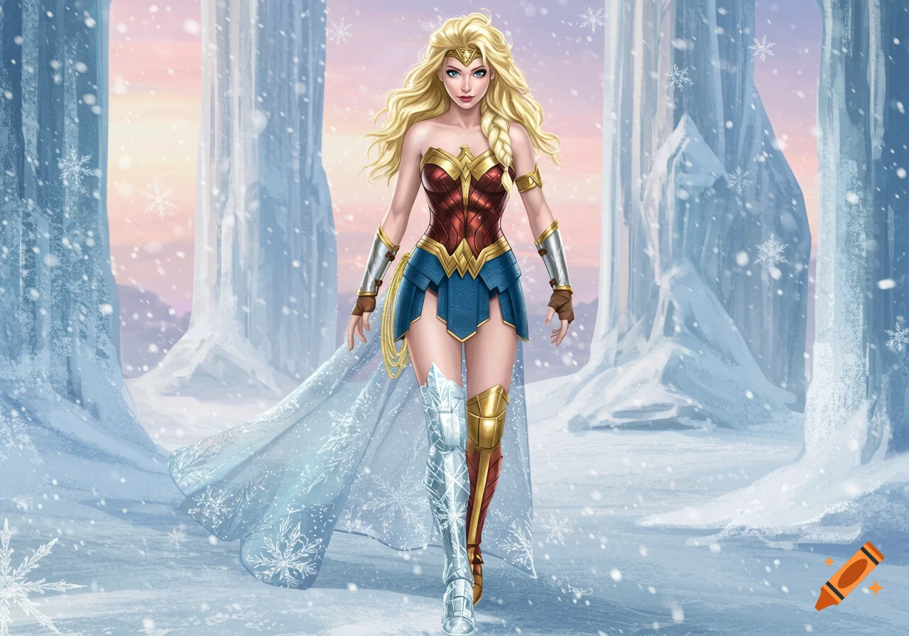 Blond woman combining Elsa and Wonder Woman stands in a snowy ice palace, wearing a superhero costume with an ice boot.