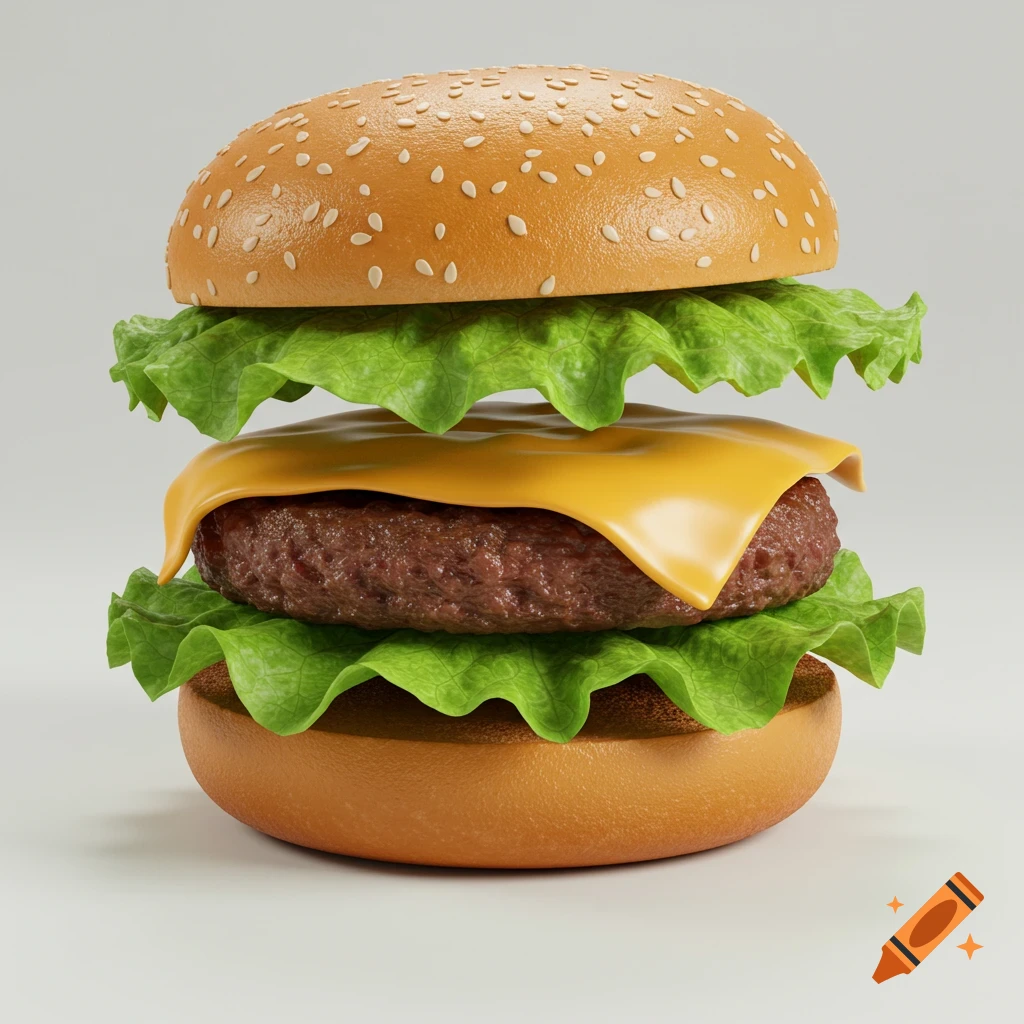 A stylized hamburger with a floating top bun, a large patty topped with cheese, and ruffled green lettuce leaves on a white background.