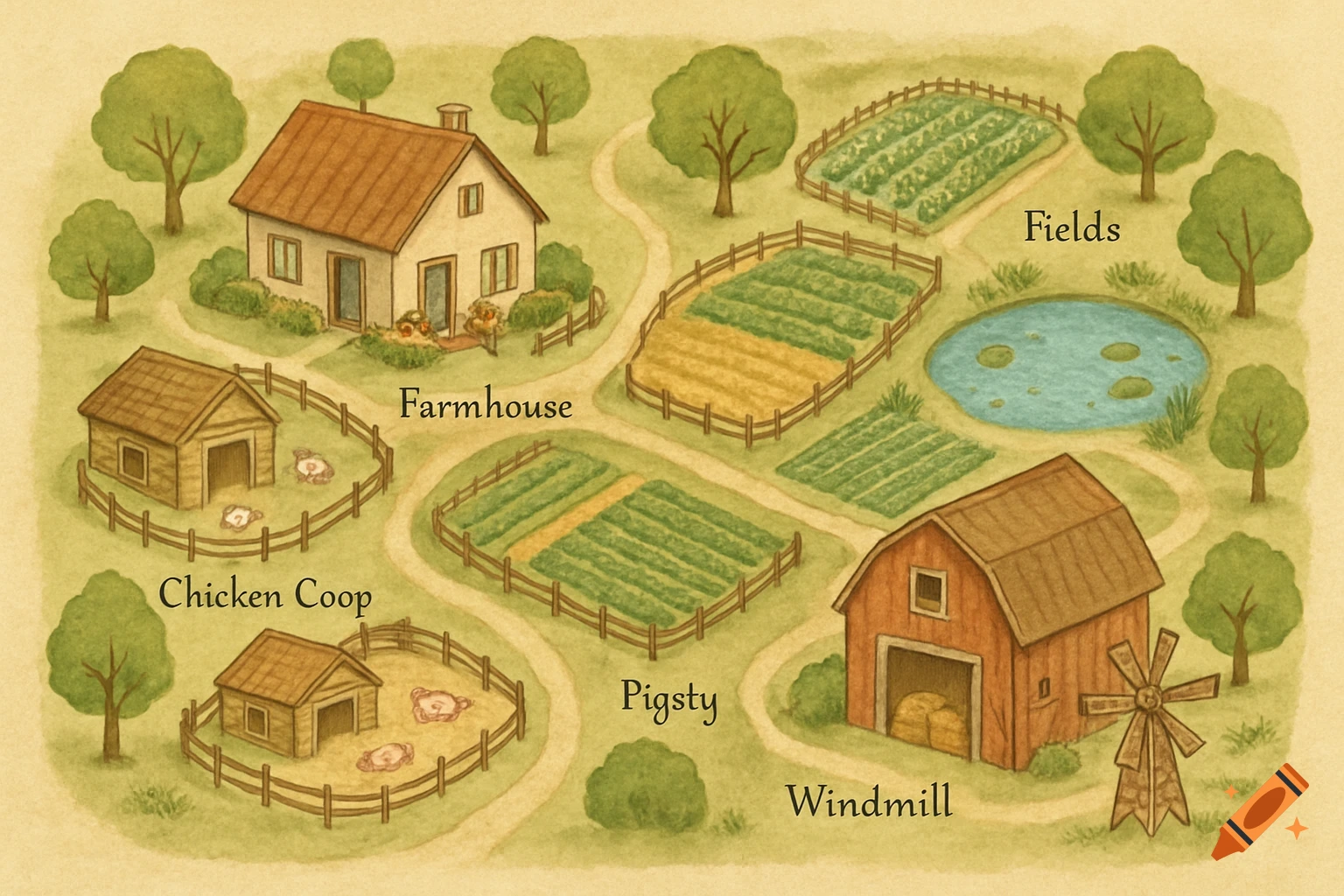 Overhead illustration of a labeled farm map featuring a farmhouse ...
