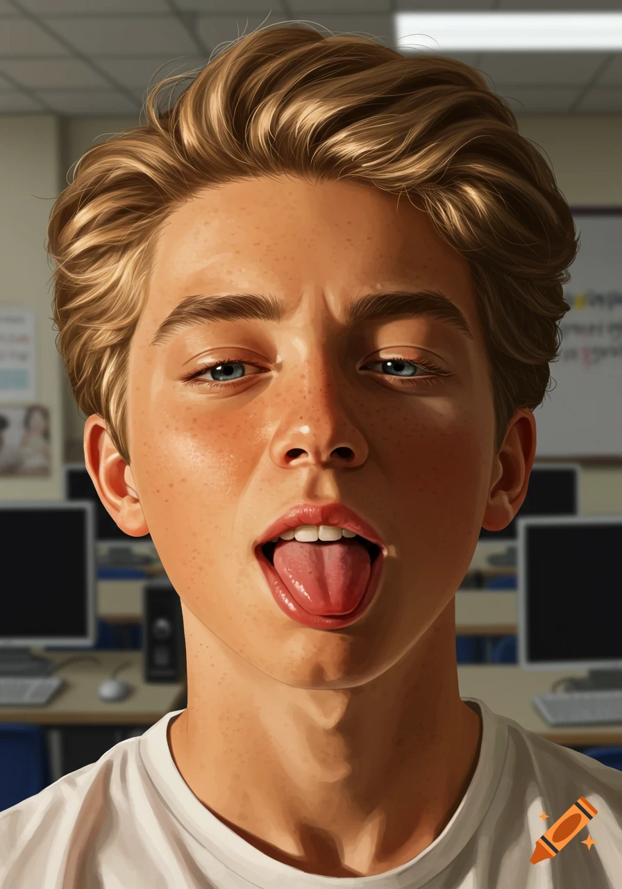 A realistic portrait of a young boy with blond hair and freckles sticking out his tongue playfully in a classroom.