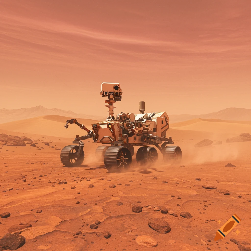 A Mars rover traverses a rocky, reddish-orange desert landscape under an orange sky, kicking up dust.