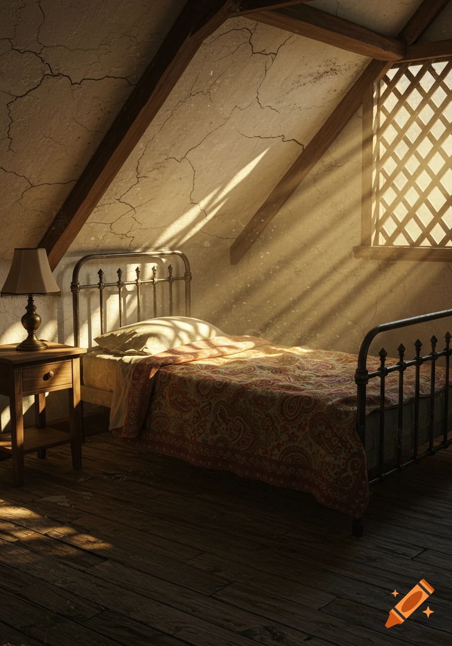 Sunlight streams into a rustic attic bedroom with a metal-frame bed, patterned quilt, and wooden nightstand.
