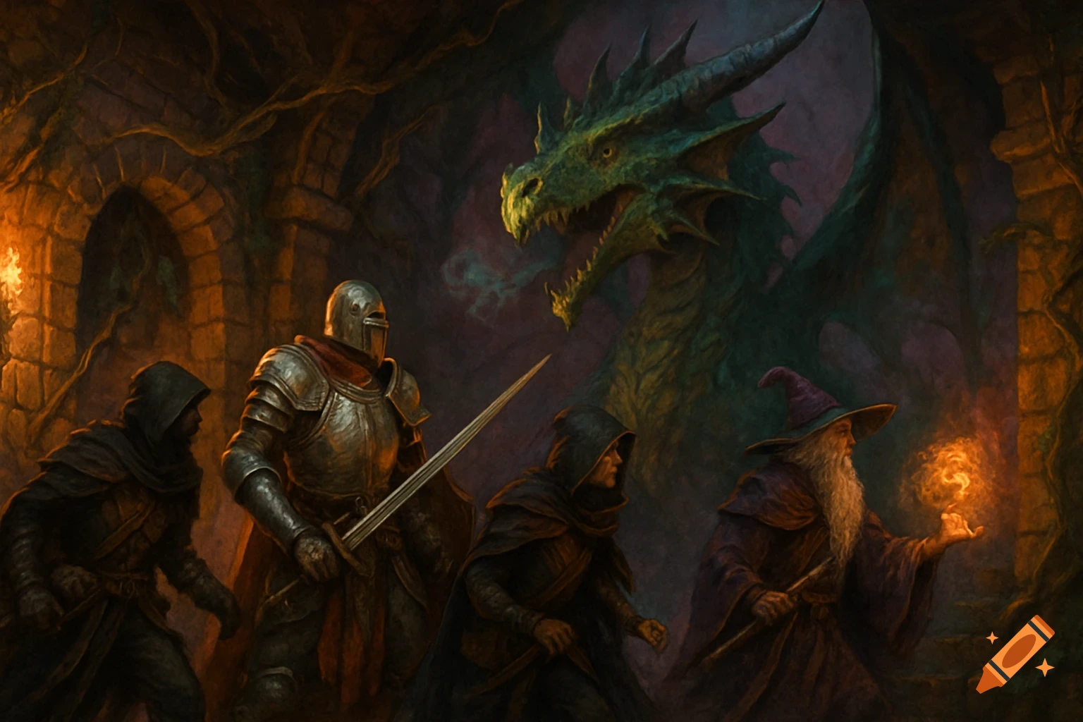 A detailed fantasy illustration of a knight, a wizard, and two cloaked figures facing a large green dragon in a dark dungeon.