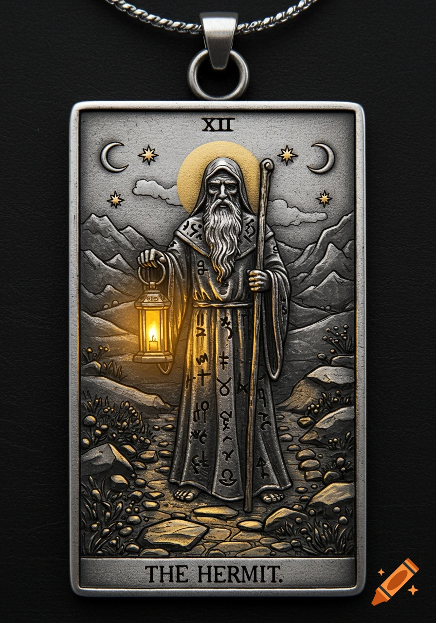 An ornate silver and gold pendant featuring a metallic tarot card. The card depicts a robed hermit with a long beard, holding a glowing lantern and a staff, walking through mountains under a crescent moon and stars.