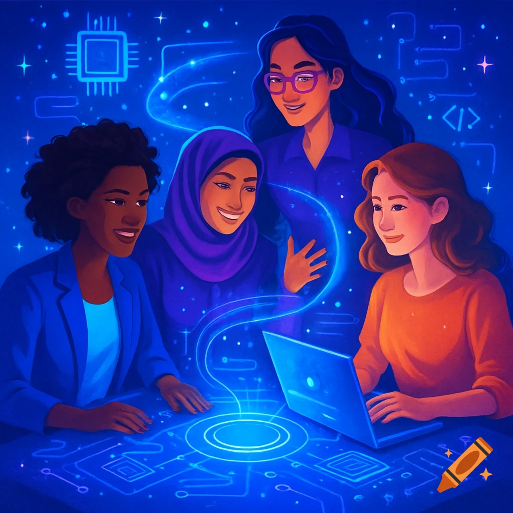 Four diverse women smiling and collaborating around a glowing laptop with digital circuit patterns in a blue, stylized tech environment.