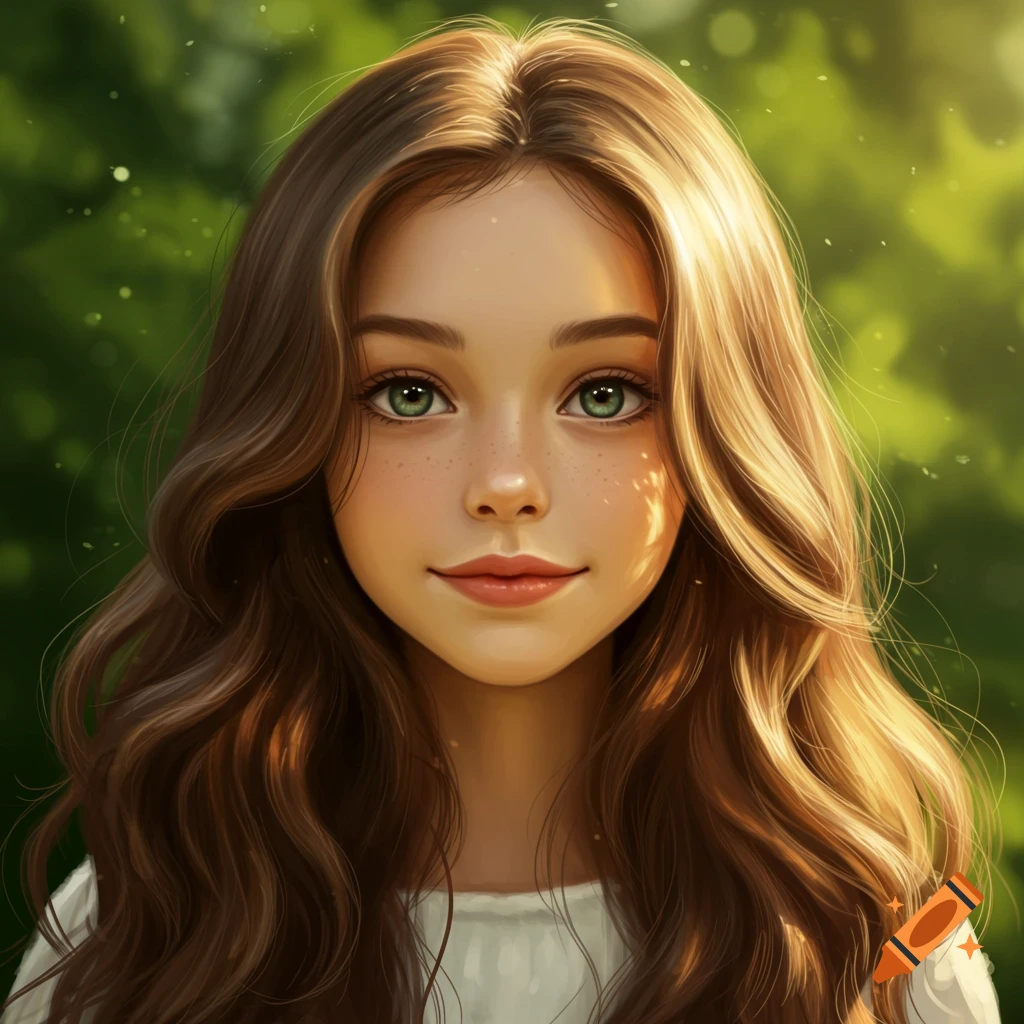 Close-up digital portrait of a young girl with long wavy brown hair ...