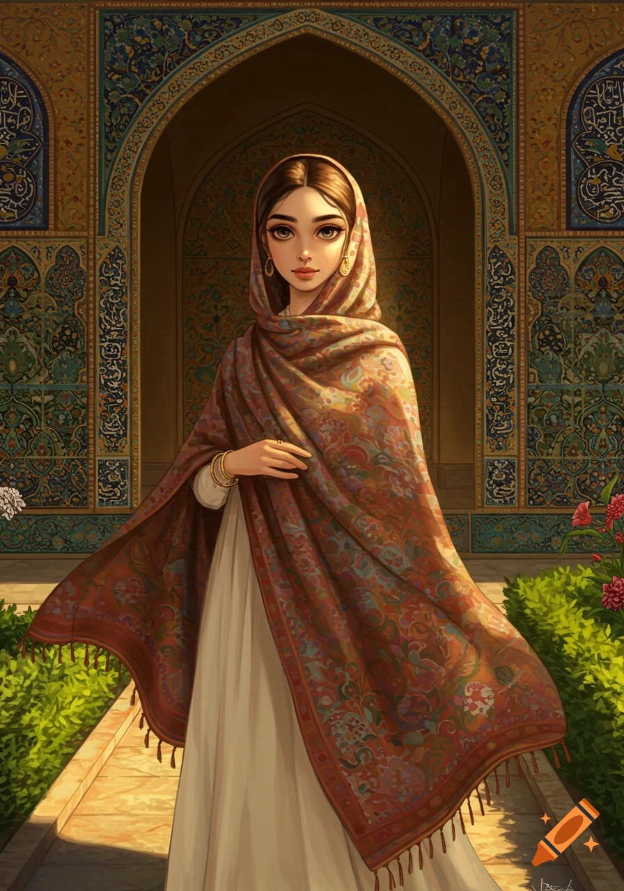 A stylized portrait of a young woman wearing a colorful patterned shawl and white dress, standing in front of an ornate archway.