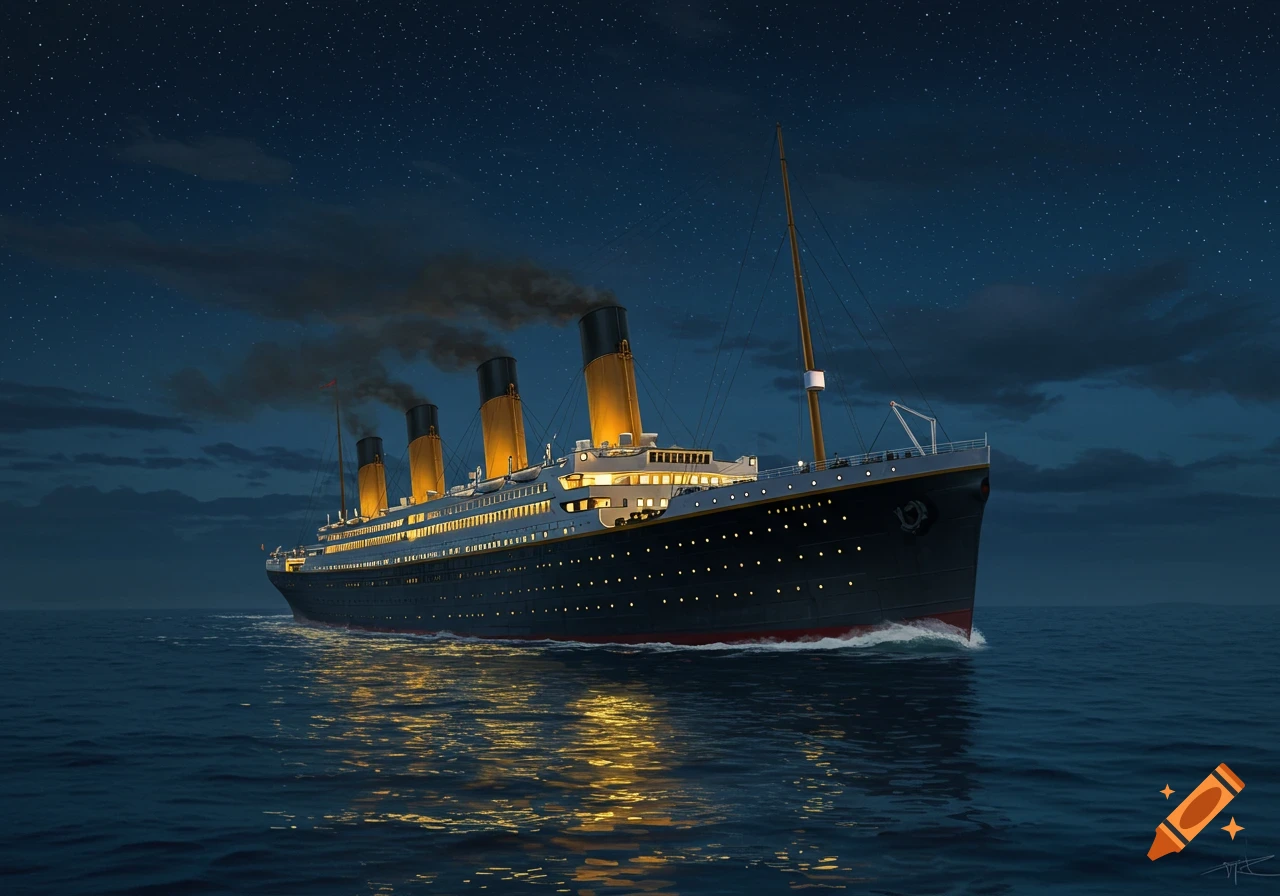 The Titanic cruise liner, brightly lit, sails on a dark ocean under a starry night sky, with smoke rising from its four funnels.