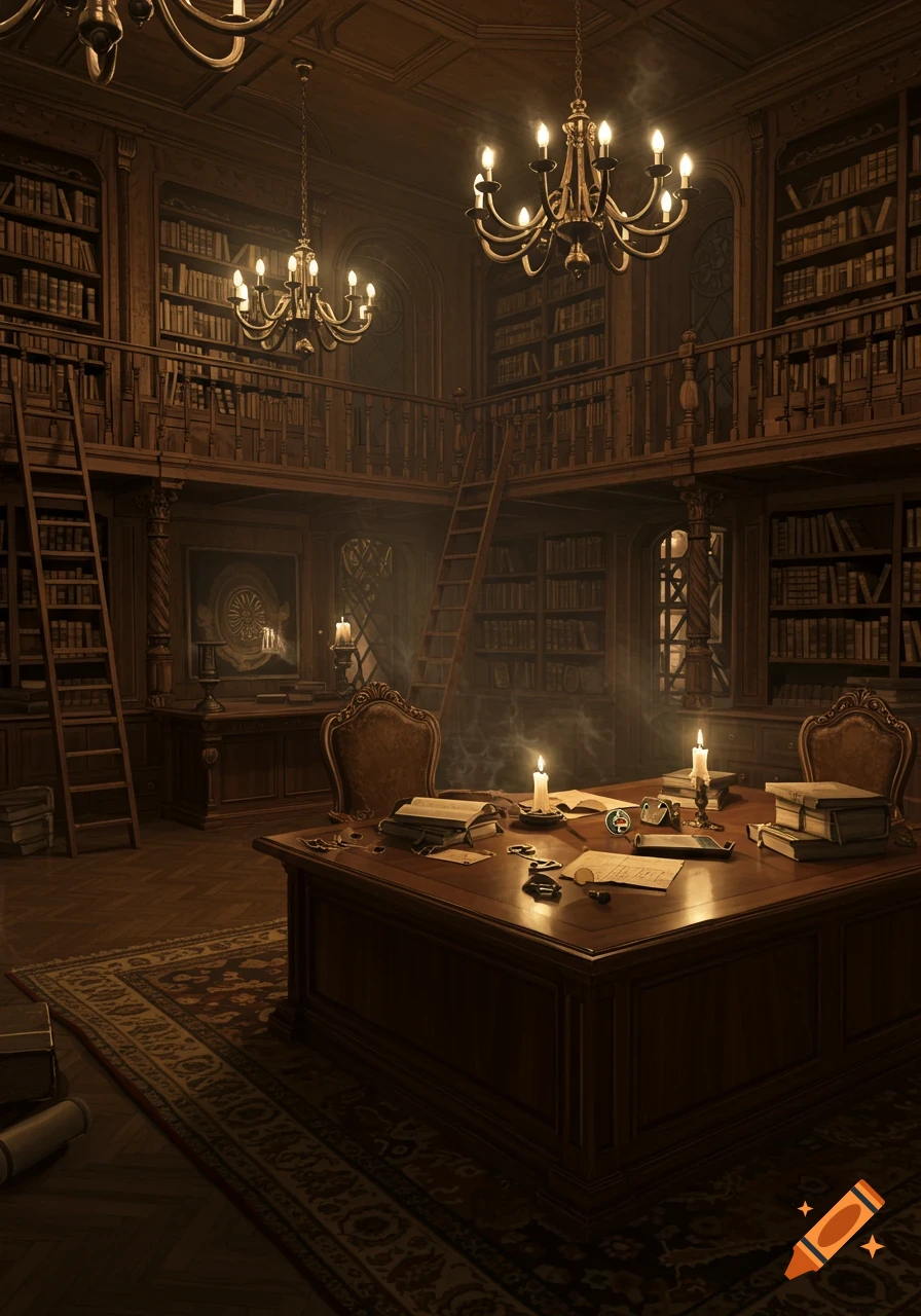 A grand, old-fashioned Victorian library with a desk, chairs, and multiple bookshelves spanning two levels, lit by chandeliers and candles.
