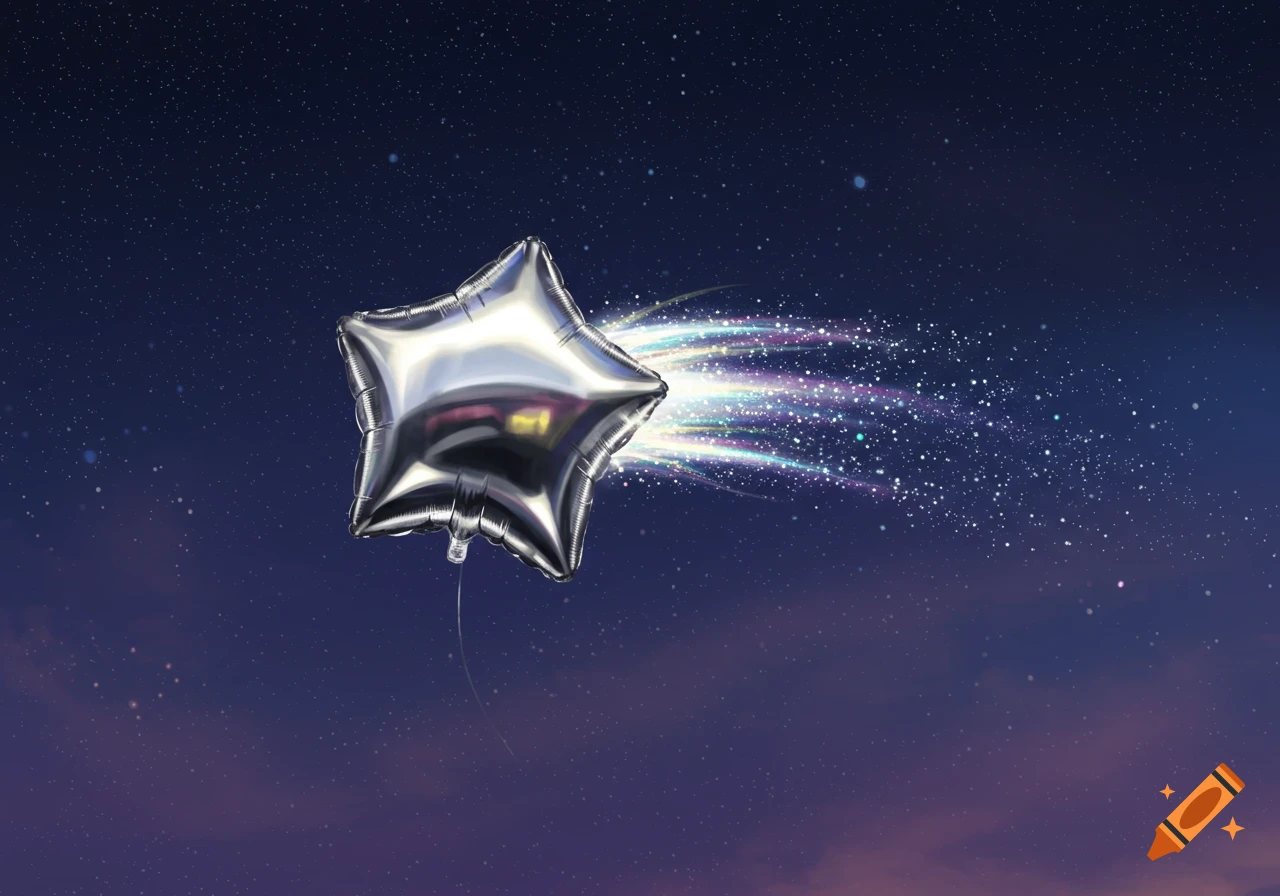 A shiny silver star-shaped balloon flies through a starry night sky, leaving a rainbow-colored sparkling trail.