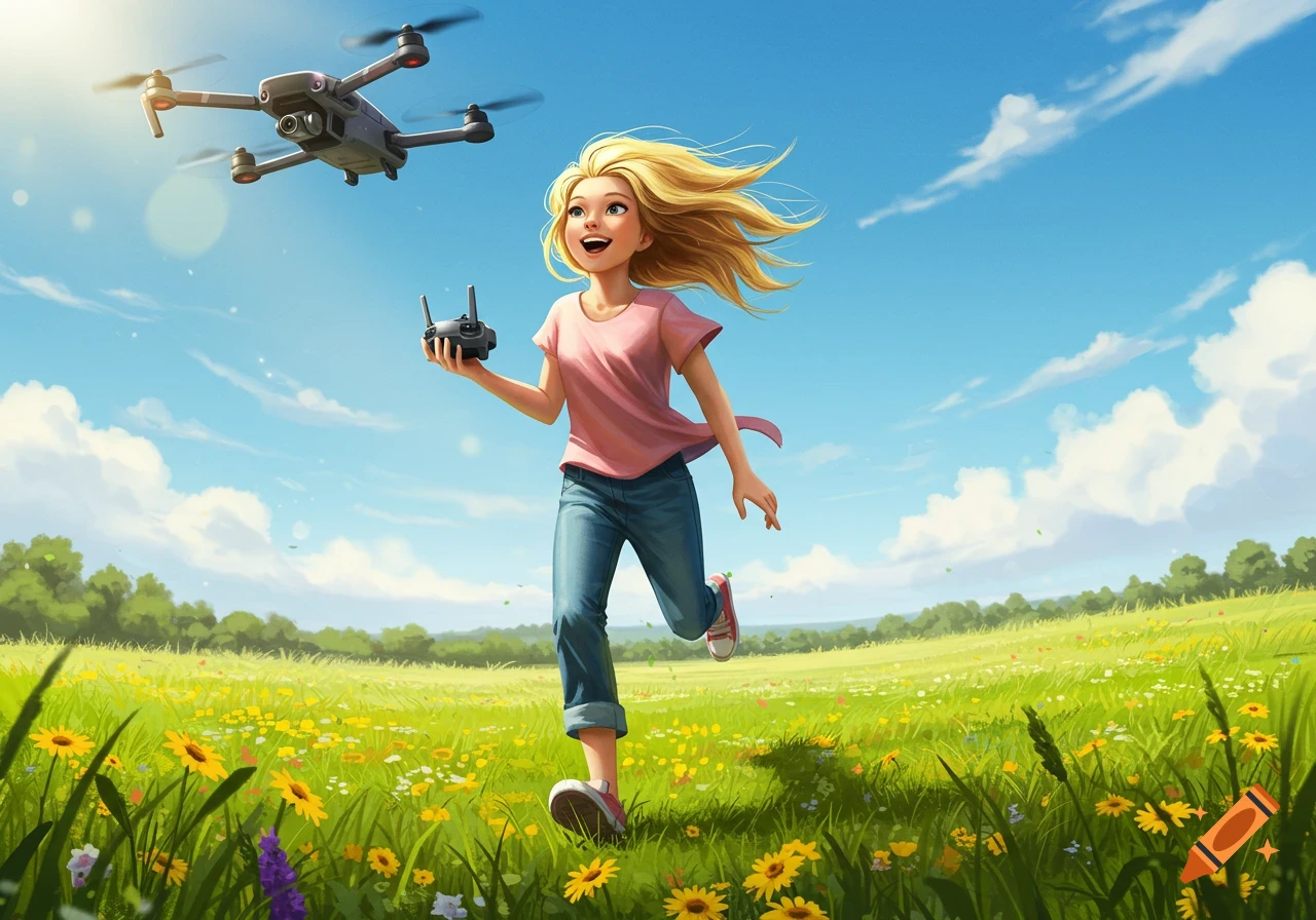 A happy blonde girl runs through a vibrant green field, holding a drone remote as a drone flies above her under a blue sky.
