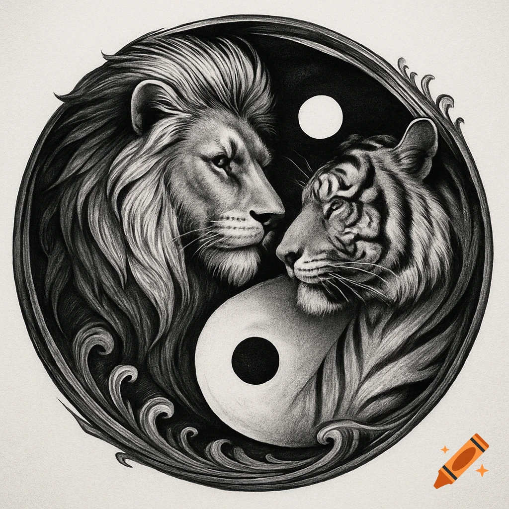 Detailed black and white drawing of a lion and a tiger facing each other within a Yin-Yang symbol, like a tattoo design.