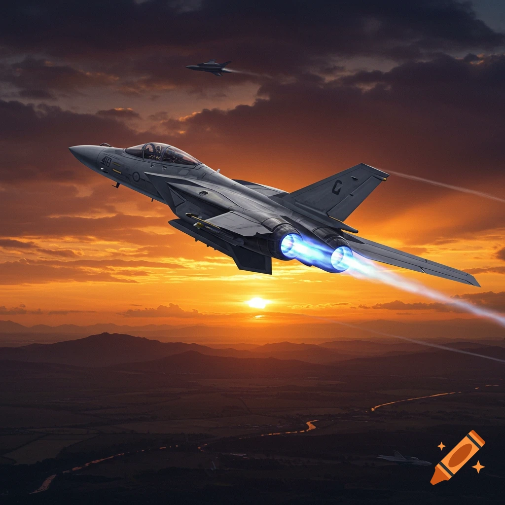 Two military jets soar through an orange sunset sky above mountains and a winding river, with the lead jet in the foreground.