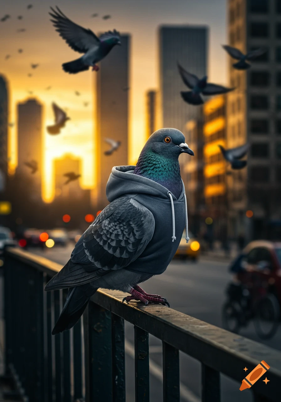 A photorealistic pigeon in a grey hoodie perches on a railing in a busy city street at sunset, with other birds flying in the background.