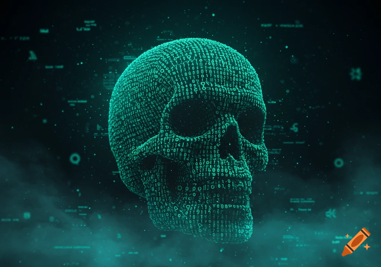 A glowing green skull formed from binary code and digital characters floats in a dark, tech-infused void.
