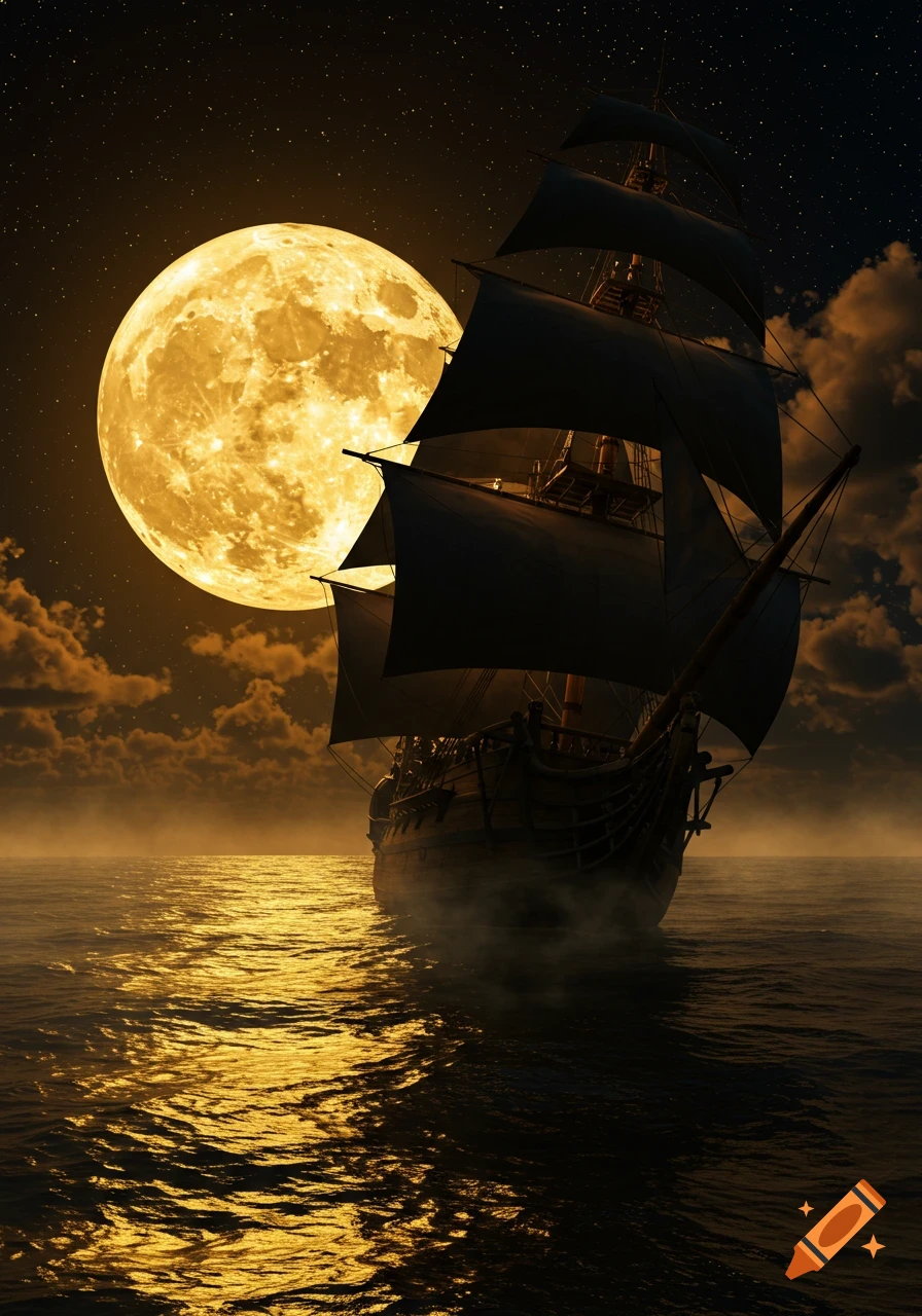 A dark pirate ship sails on a golden moonlit sea under a starry night sky with clouds.