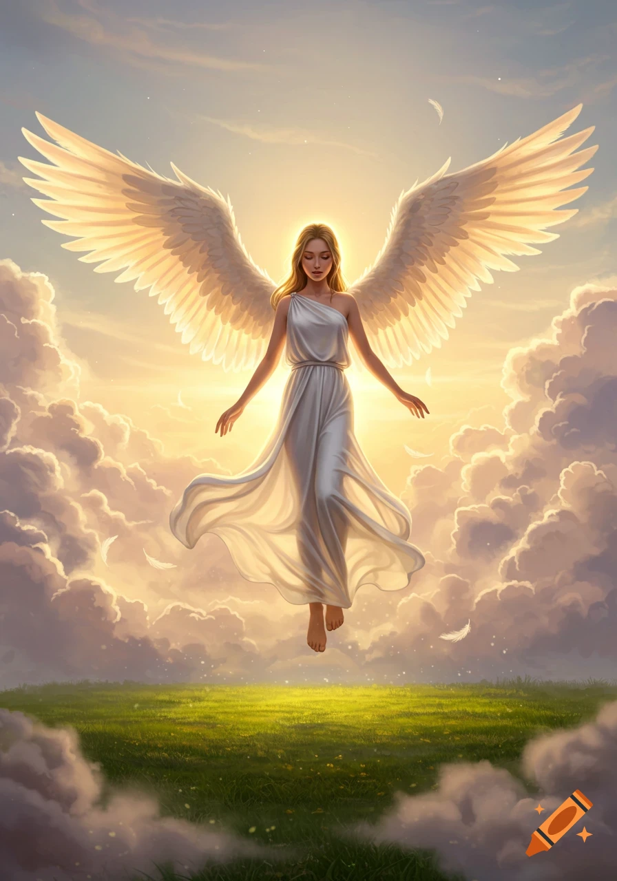 A beautiful guardian angel with large white wings and a flowing white dress descends from golden clouds above a lush green field.