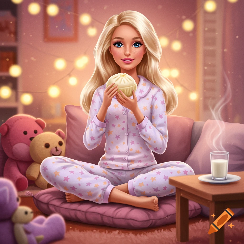 A cartoon Barbie doll in star-patterned pajamas sits cross-legged on a cushion, holding a steamed bun in a cozy room with string lights.