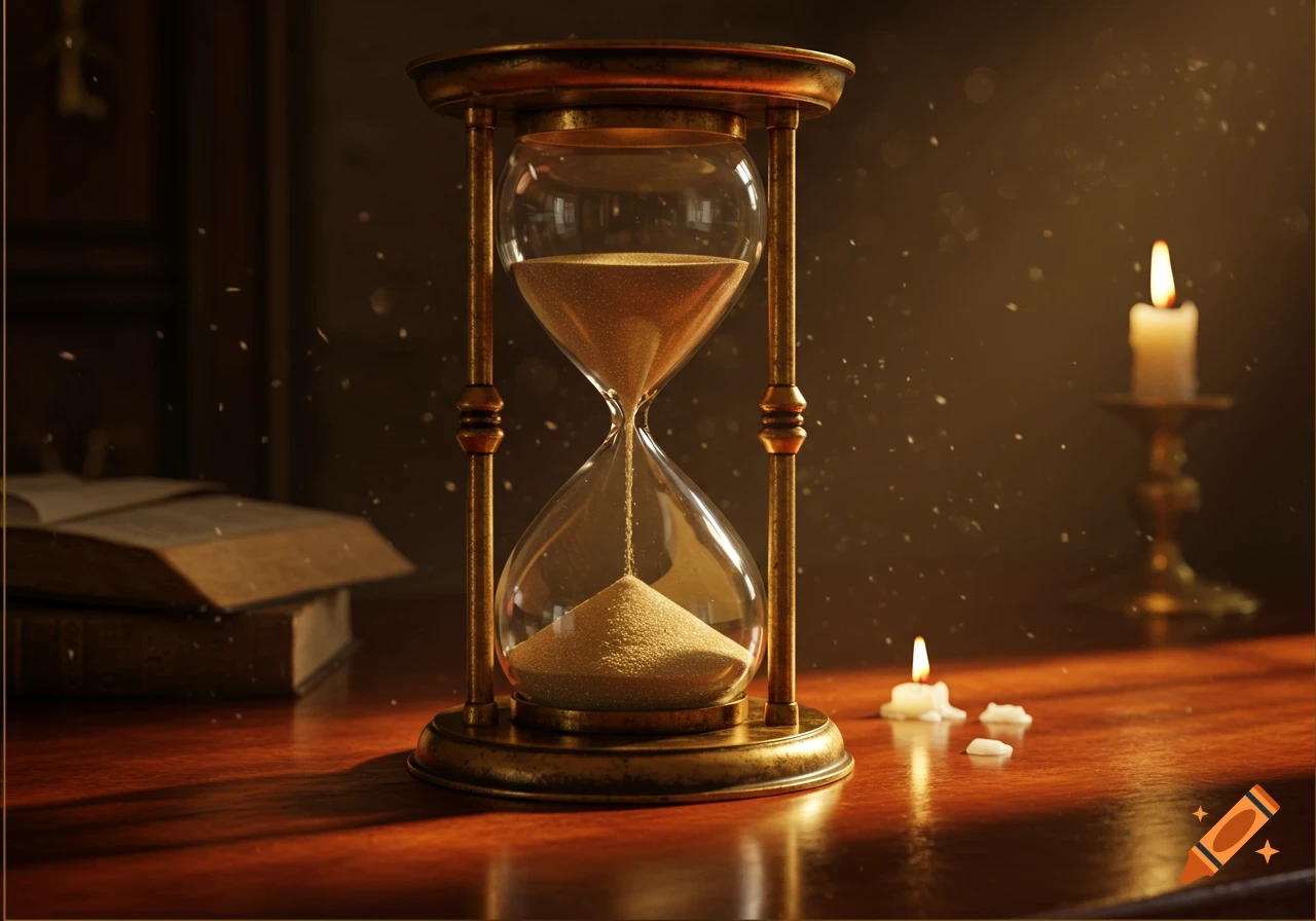 A photorealistic hourglass sits on a wooden table with lit candles and old books, illuminated by warm, dusty light.