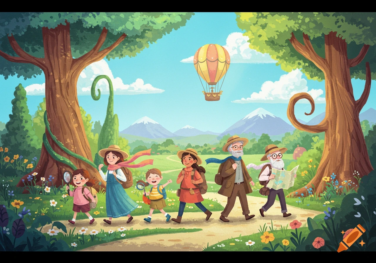 A cheerful, stylized illustration of a family hiking in a vibrant forest, with mountains and a hot air balloon in the background.