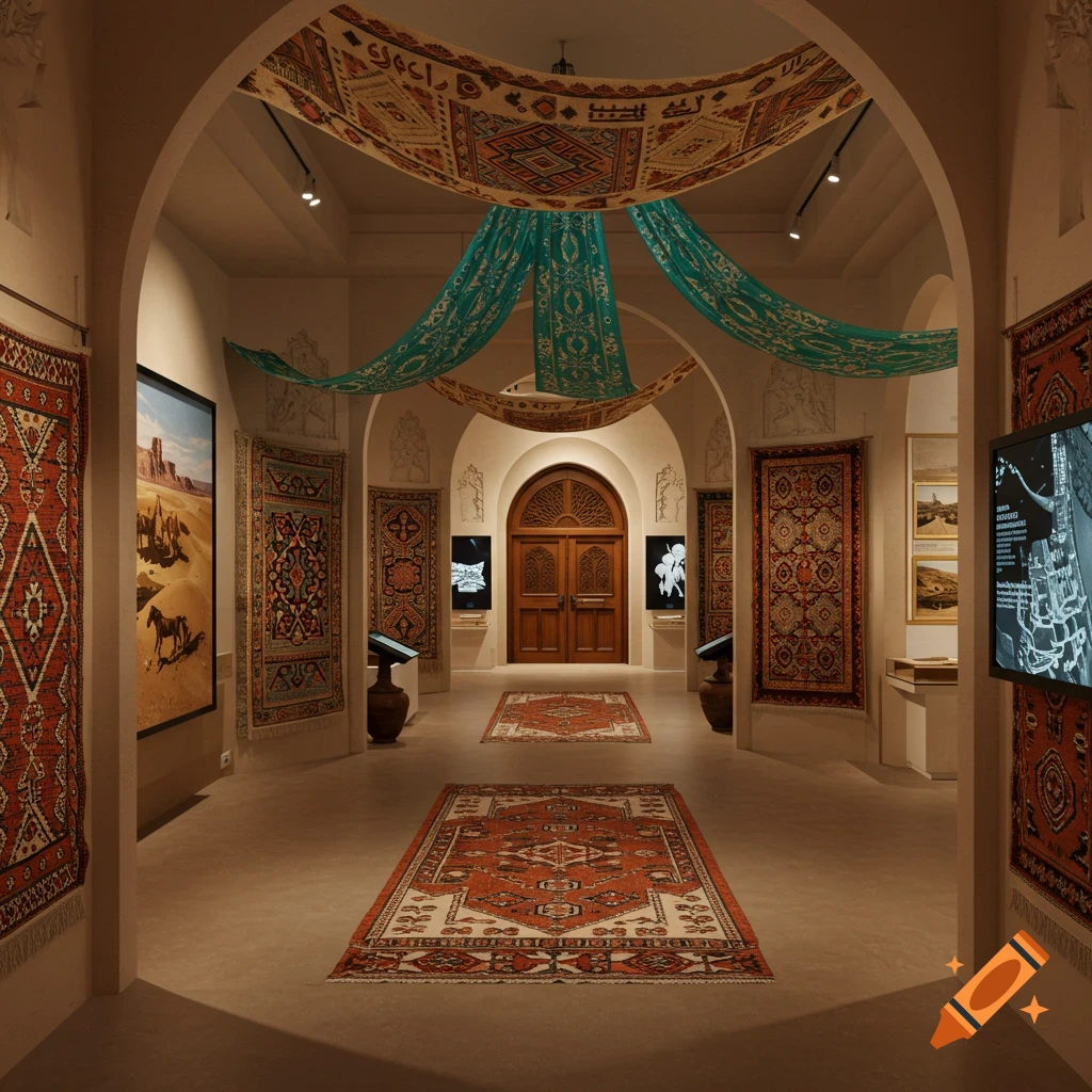 A museum exhibit room with a high arched ceiling, displaying various ornate Middle Eastern rugs on the floor and hanging on walls. Large paintings and modern screens are also part of the exhibit.