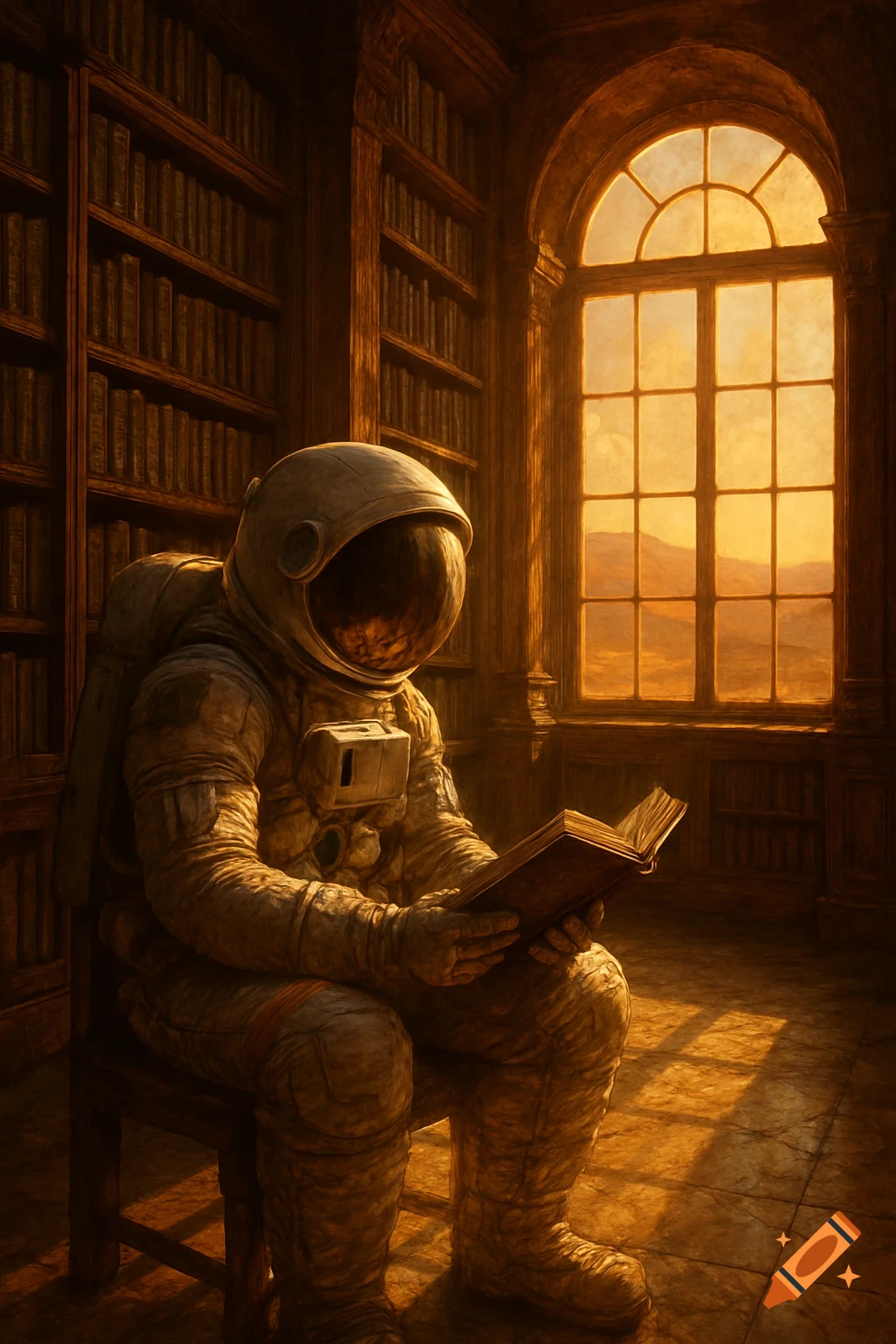 An astronaut in a spacesuit sits on a chair in a grand, antique library, reading an open book. Golden sunset light streams through an arched window, illuminating the scene and a Martian-like landscape outside.