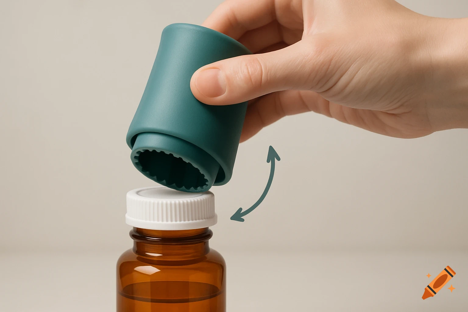 A hand uses a teal silicone cap opener to detach the white cap from an amber pill bottle, with a curved arrow indicating the motion.