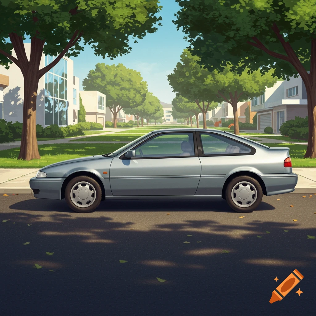 A silver coupe car parked on a suburban street lined with houses and green trees under a sunny sky, in a cartoon illustration style.