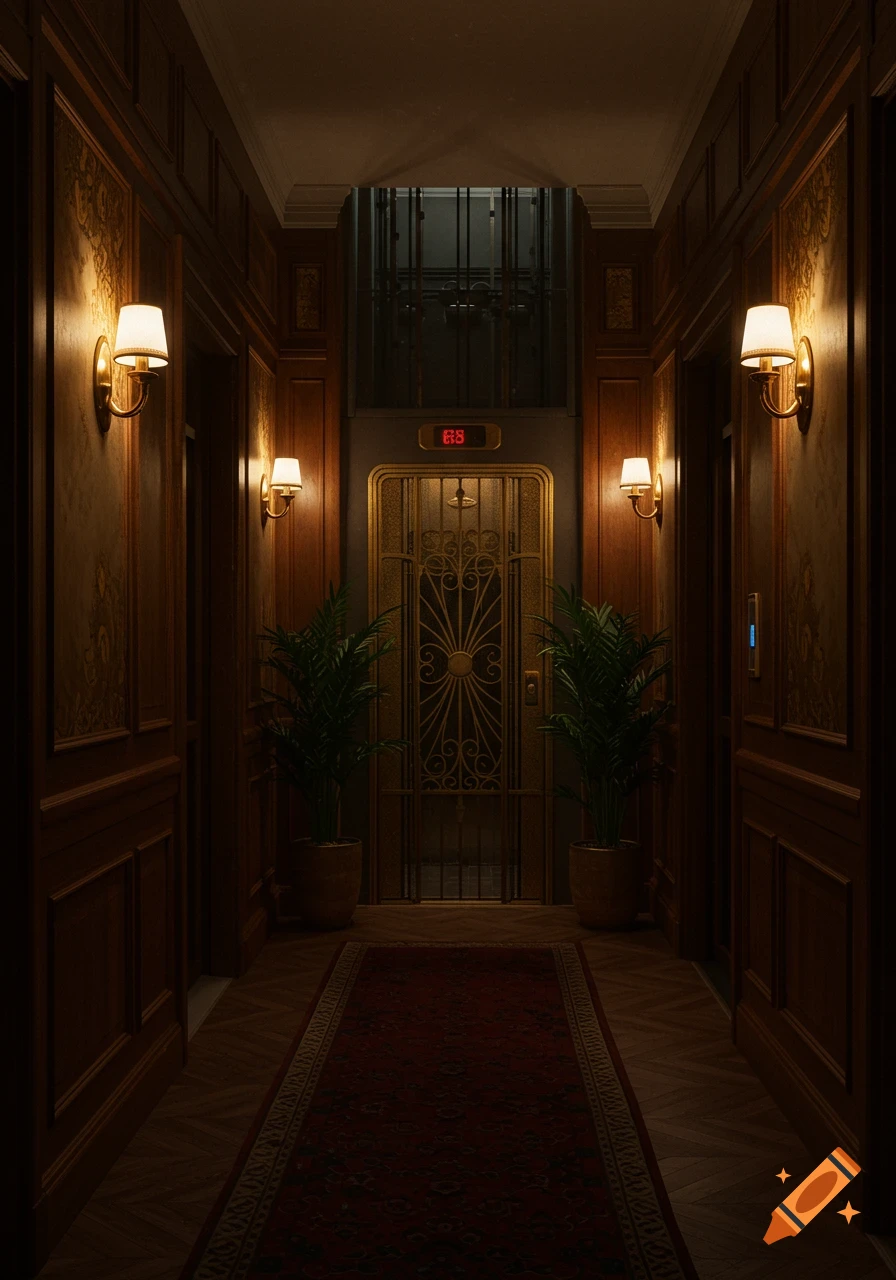 A dimly lit, ornate apartment hallway featuring a golden elevator with "68" displayed above, two potted plants, and wall sconces, in a game art style.