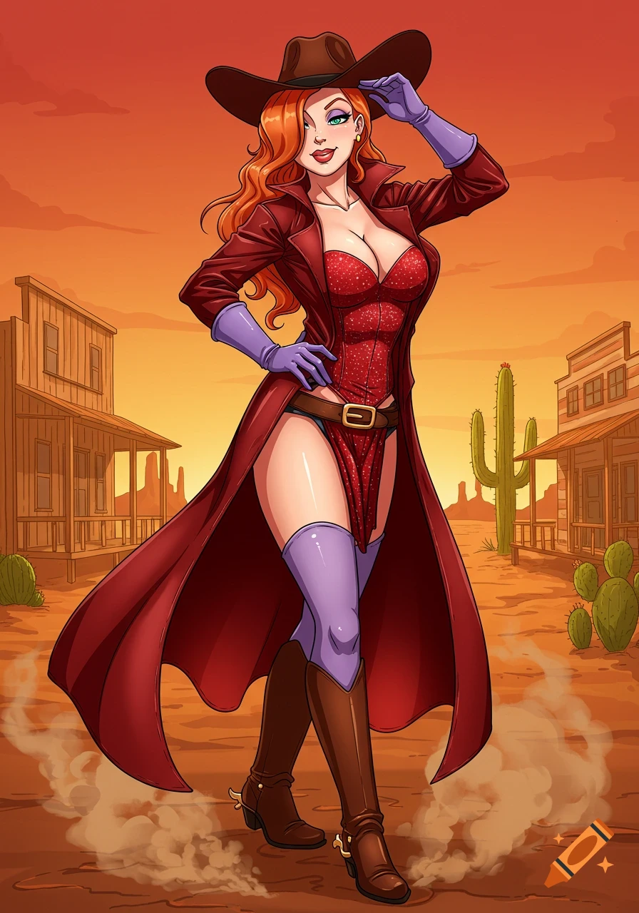 Jessica Rabbit as an anime comic cowgirl in a red coat and hat, standing in a desert town.