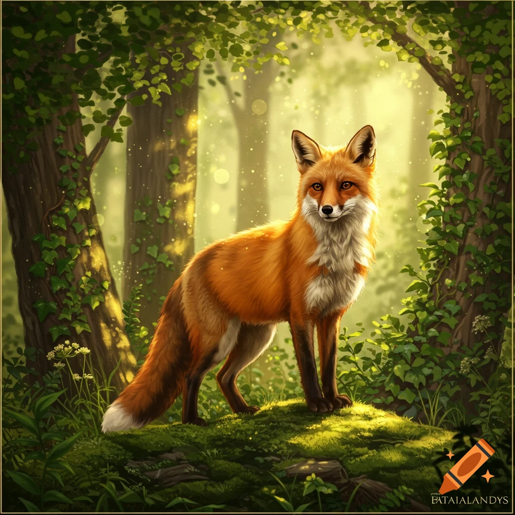 A vibrant red fox stands on a mossy mound in a sun-dappled, lush green ...