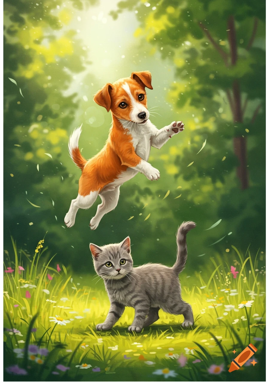 A playful orange and white Jack Russell puppy leaps above a gray tabby kitten in a sun-dappled grassy field.