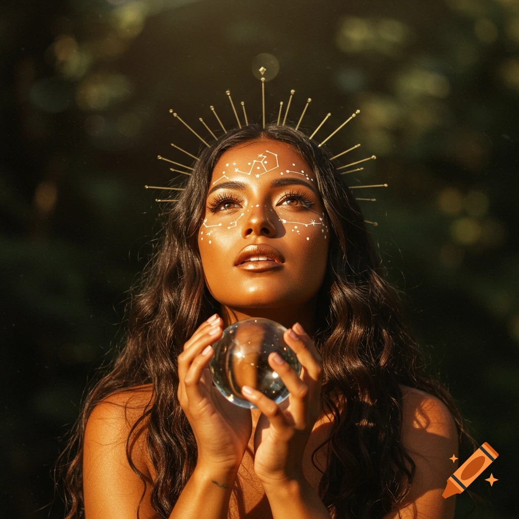 A mystical woman with constellation markings and a gold crown looks up, holding a crystal orb in sunlit fantasy style.
