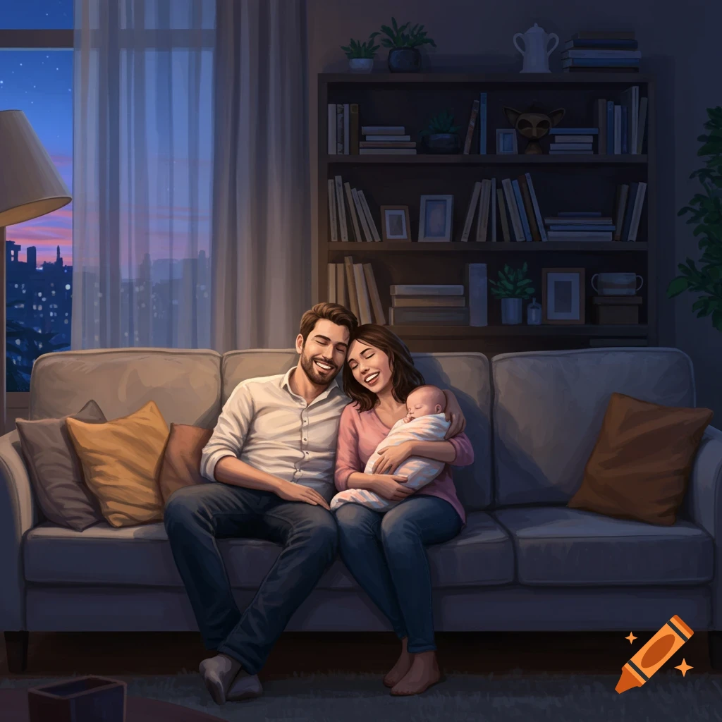 A happy couple sits on a couch at dusk, the woman holding a sleeping baby, with a bookshelf behind them in an illustration style.