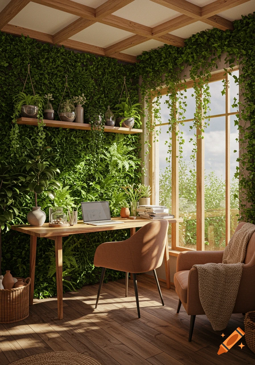 A sunlit biophilic home office with green plant walls, a wooden desk with a laptop, and a comfortable armchair.