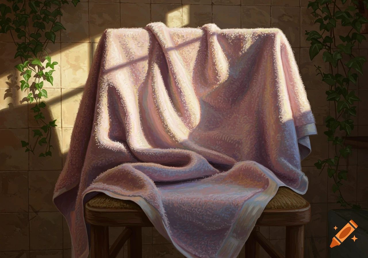 A pink towel draped over a wooden chair in a sunlit room with tiled walls and ivy, rendered in a painterly style.