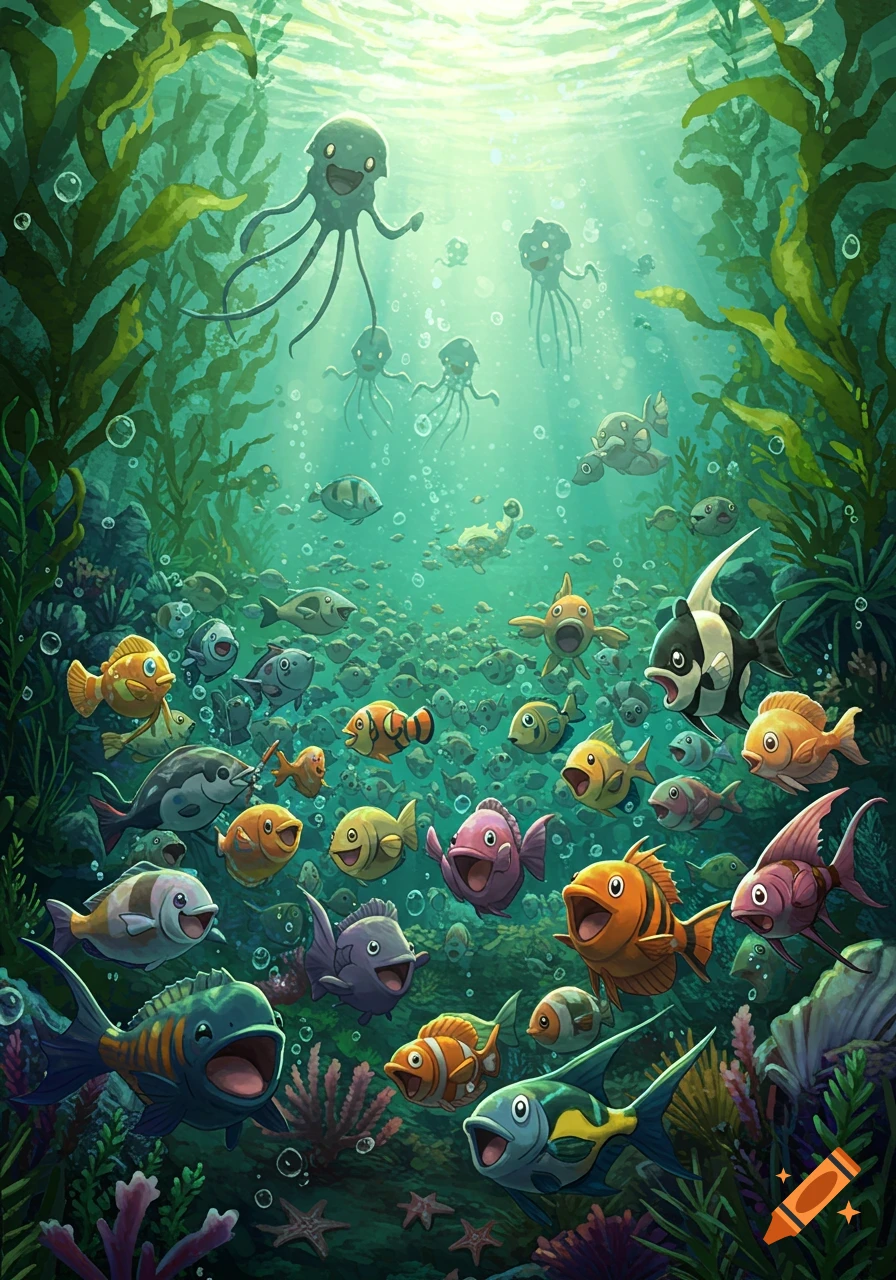Vibrant cartoon underwater scene with a large school of happy fish and several smiling jellyfish-like creatures swimming among kelp and coral.