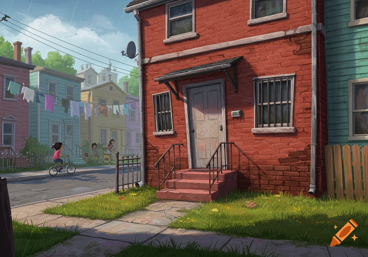 An illustration of a street scene with a red brick house, other colorful houses, children playing, and laundry hanging on lines.